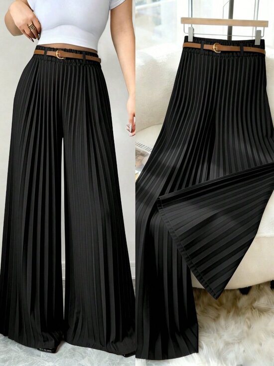 Pants - Black Elegant Women's Minimalist Pleated Casual Pants